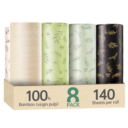Bamboo Kitchen Roll 8-Roll 2-ply Large Size Eco-Friendly Kitchen Towels Paper Towels Green Sustainable Household Paper Plastic Free Naked Paper Unbleached Drying Hands Absorbing Oil Napkin Substitute