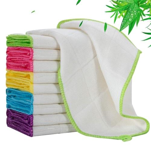 Arwllzz 30×30 Bamboo Dish Cloths 10 Pack Microfibre Cleaning Cloth Reusable Kitchen Towels Drying Cloth Multifunctional Lint Free Dishcloths for Furniture Dining Room Table Cleaning (Color stripes)